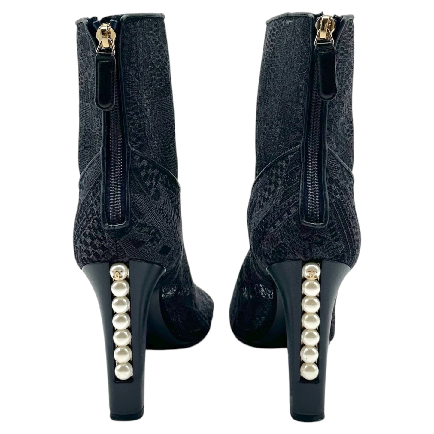 Chanel Peep-Toe Heeled Booties Black Lace Pearl Detail