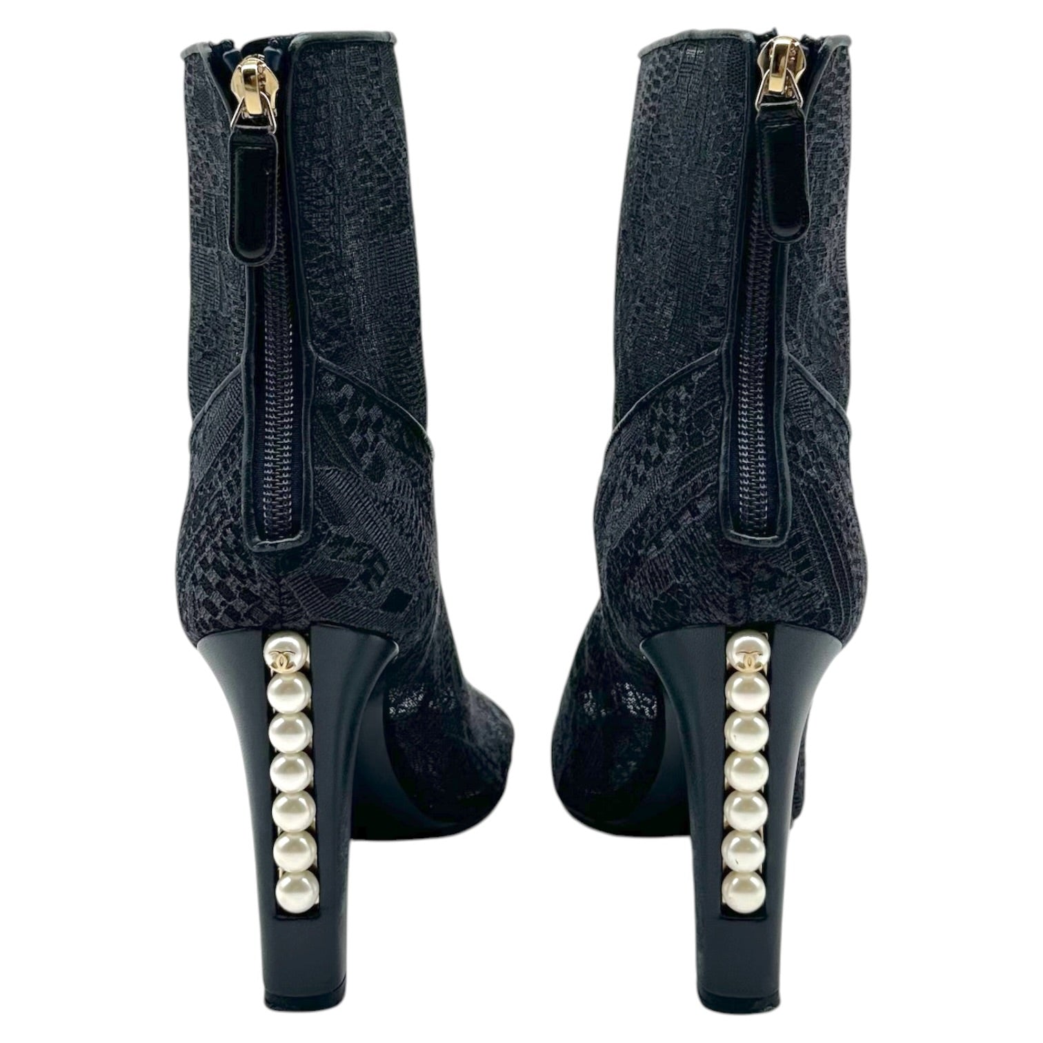 Chanel Peep-Toe Heeled Booties Black Lace Pearl Detail