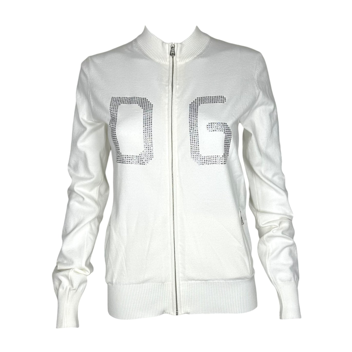 Dolce & Gabbana White Knit Rhinestone Logo Zip Up Cardigan NEW