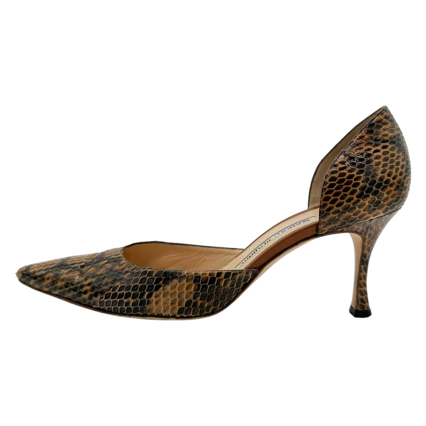 Manolo Blahnik Brown Snakeskin D'Orsay Kitten Heels