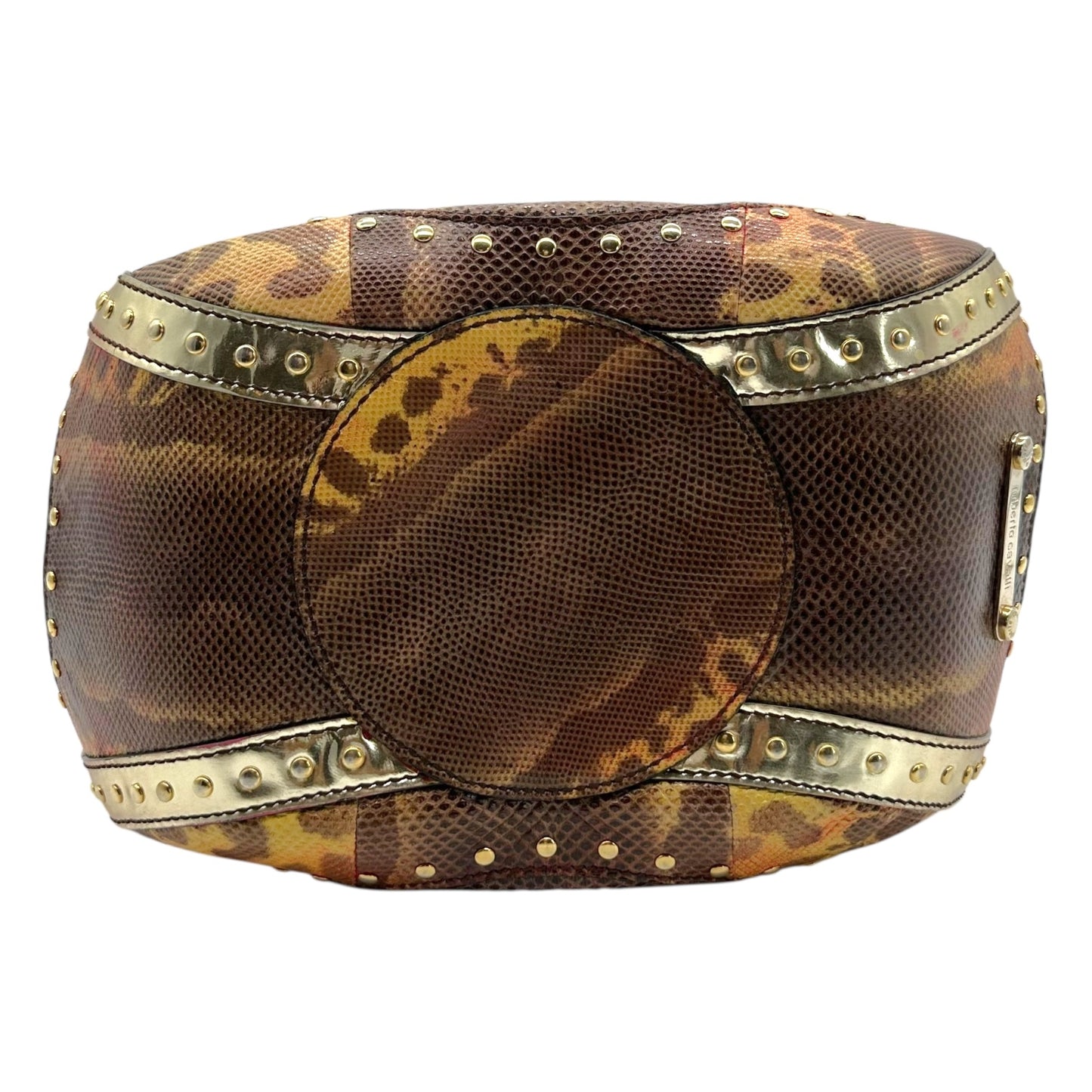 Roberto Cavalli Orange & Brown Lizard Skin Studded Bucket Bag
