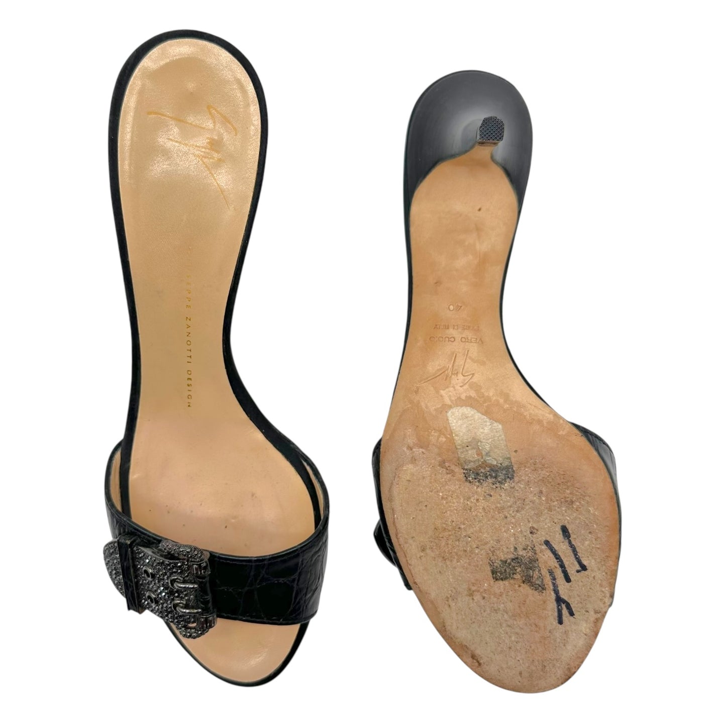 Giuseppi Zanotti Black Croc Embossed Embellished Buckle Heels