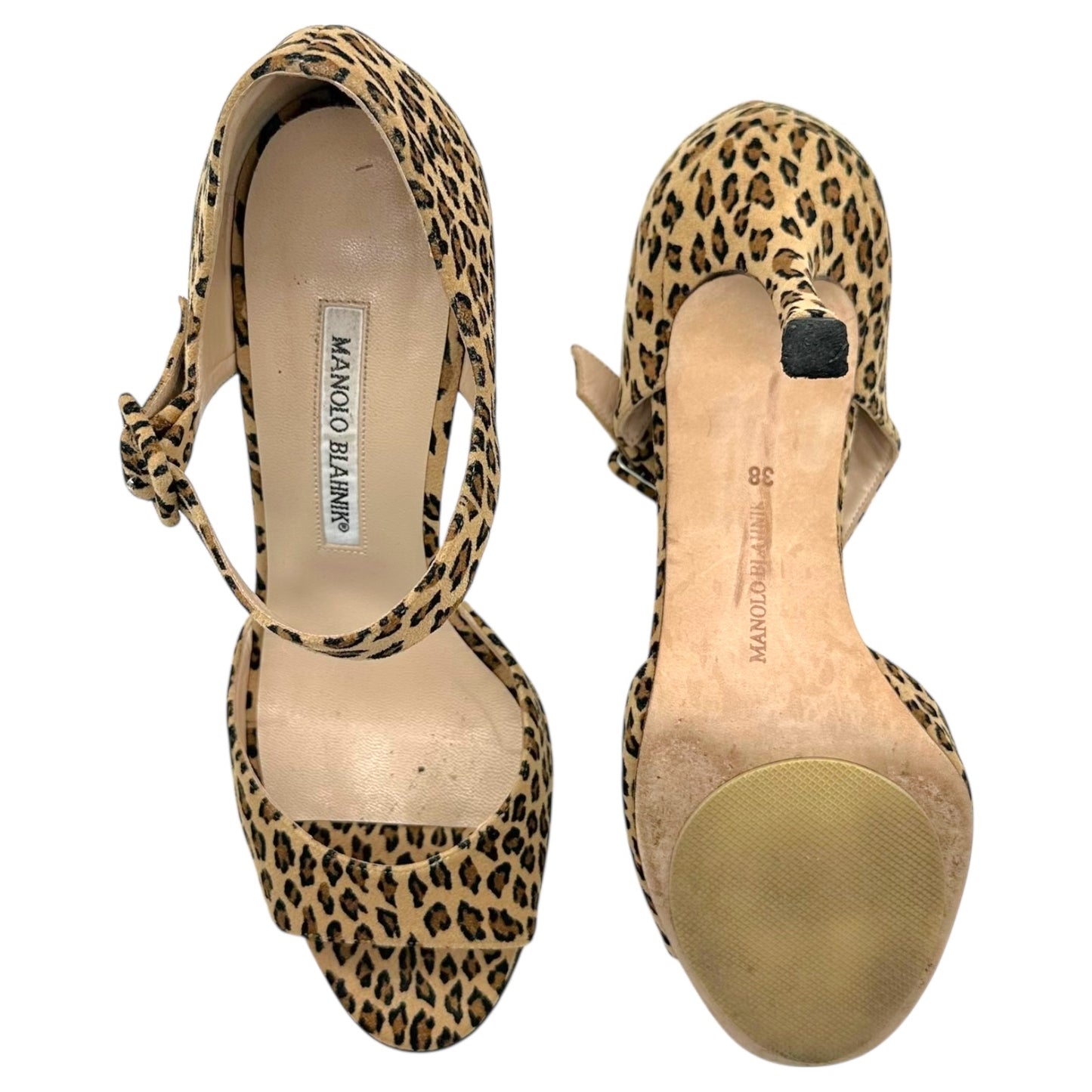 Manolo Blahnik Leopard Print Suede Heeled Sandal