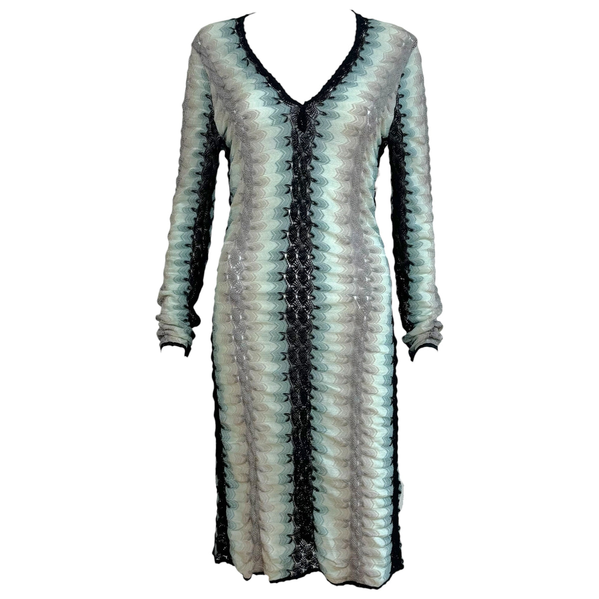 Missoni Turquoise Black & Gray Chevron Knit Longsleeve Midi Dress