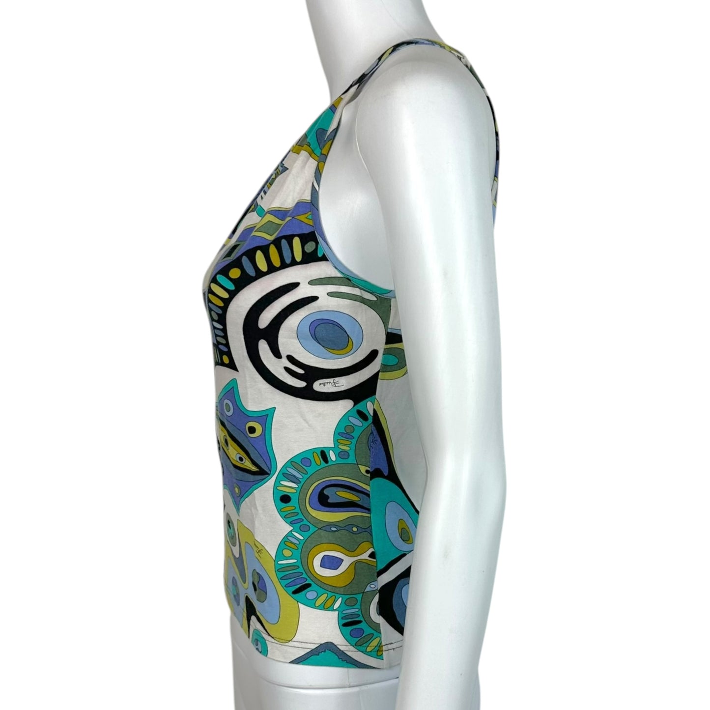 Emilio Pucci Blue & White Printed Keyhole Cut-Out Tank