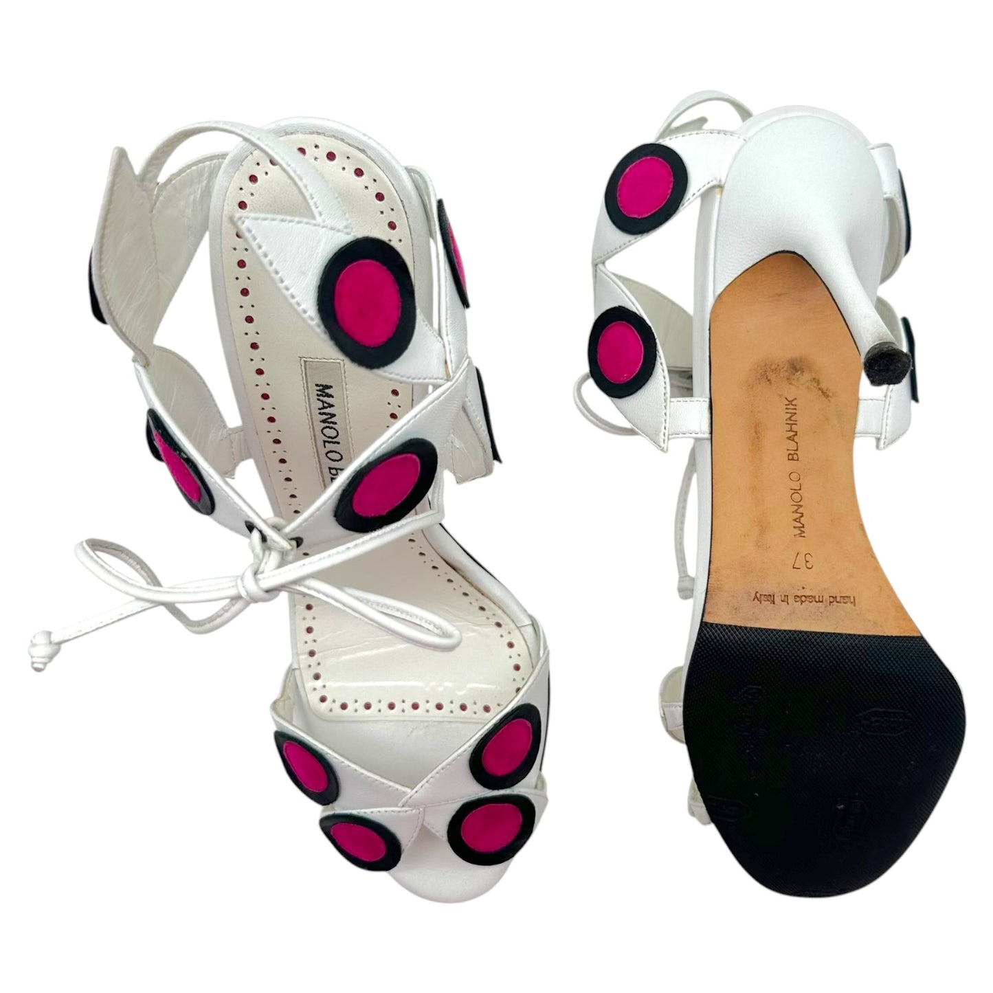 Manolo Blahnik White & Pink Leather Polka Dot Applique Strappy Heeled Sandals