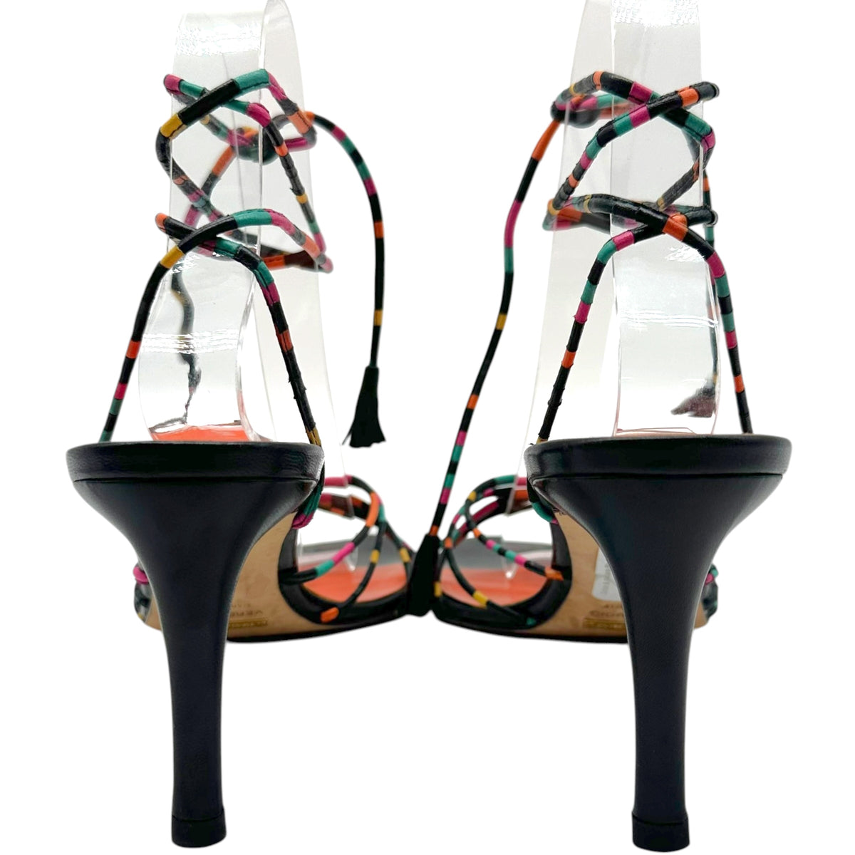 Dolce & Gabbana Black Multicolor Striped Wrap Sandal Heels
