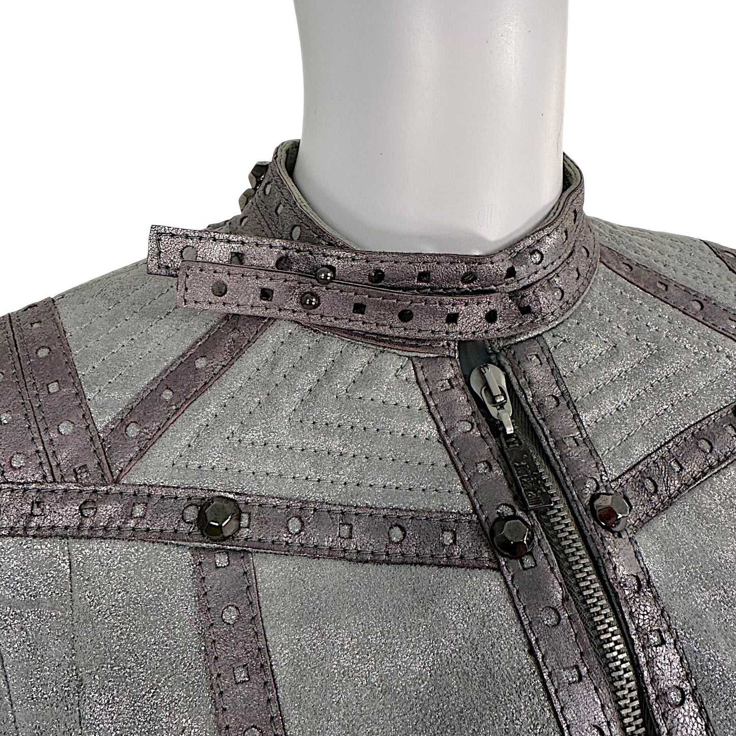 Just Cavalli Roberto Cavalli Metallic Silver & Gray Studded Suede Moto Jacket NEW