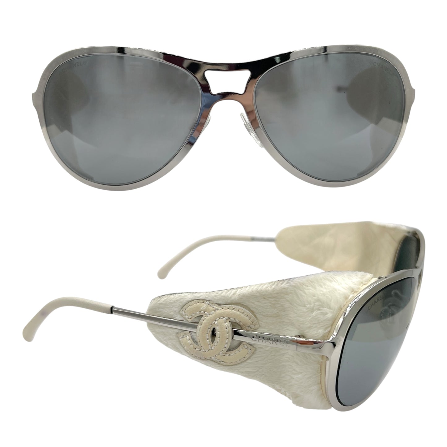 Chanel Silver & White Lambskin Detachable Side Aviator Sunglasses 50852A w/ Case RARE
