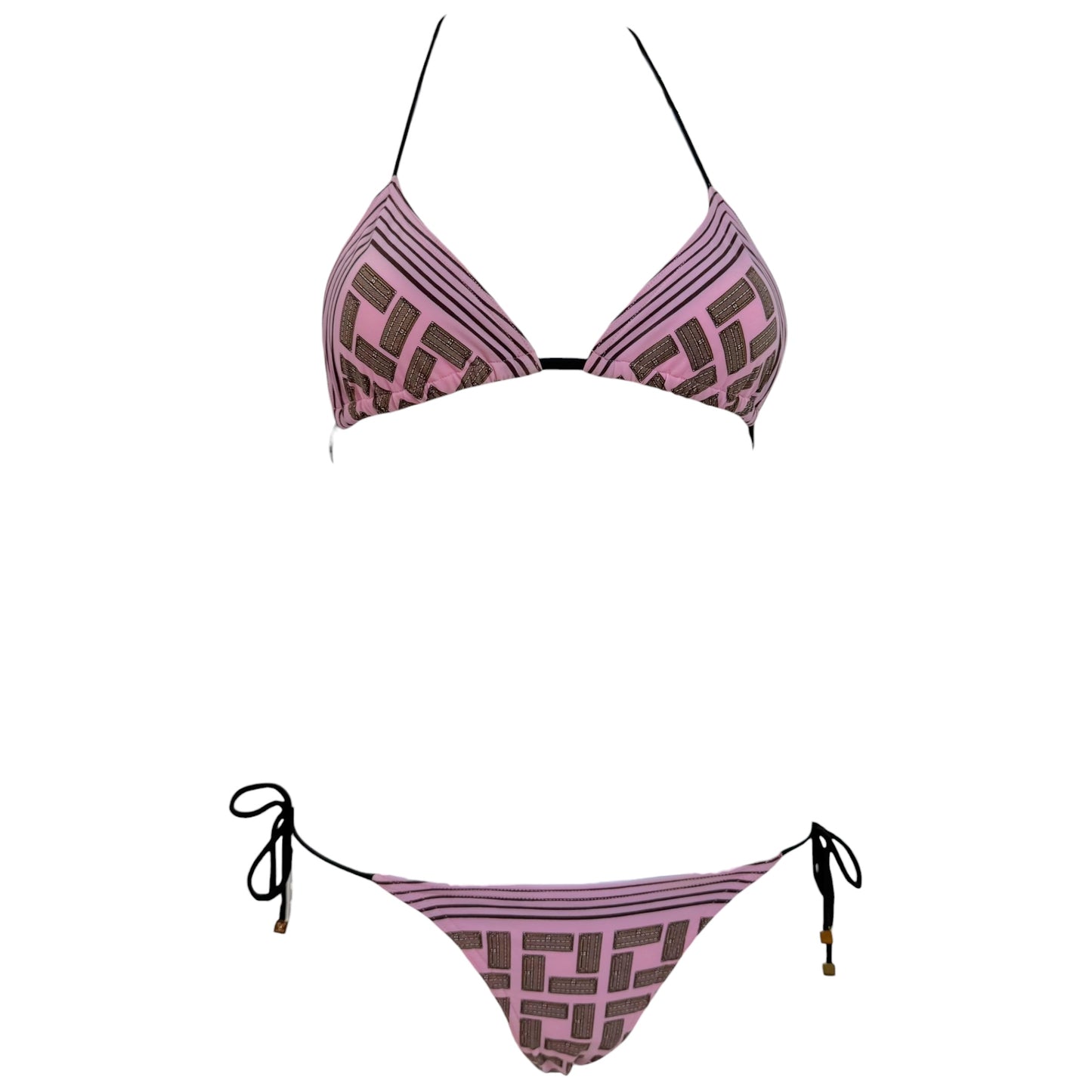 Louis Vuitton Pink & Brown Trunk Print Triangle Tie Bikini Set