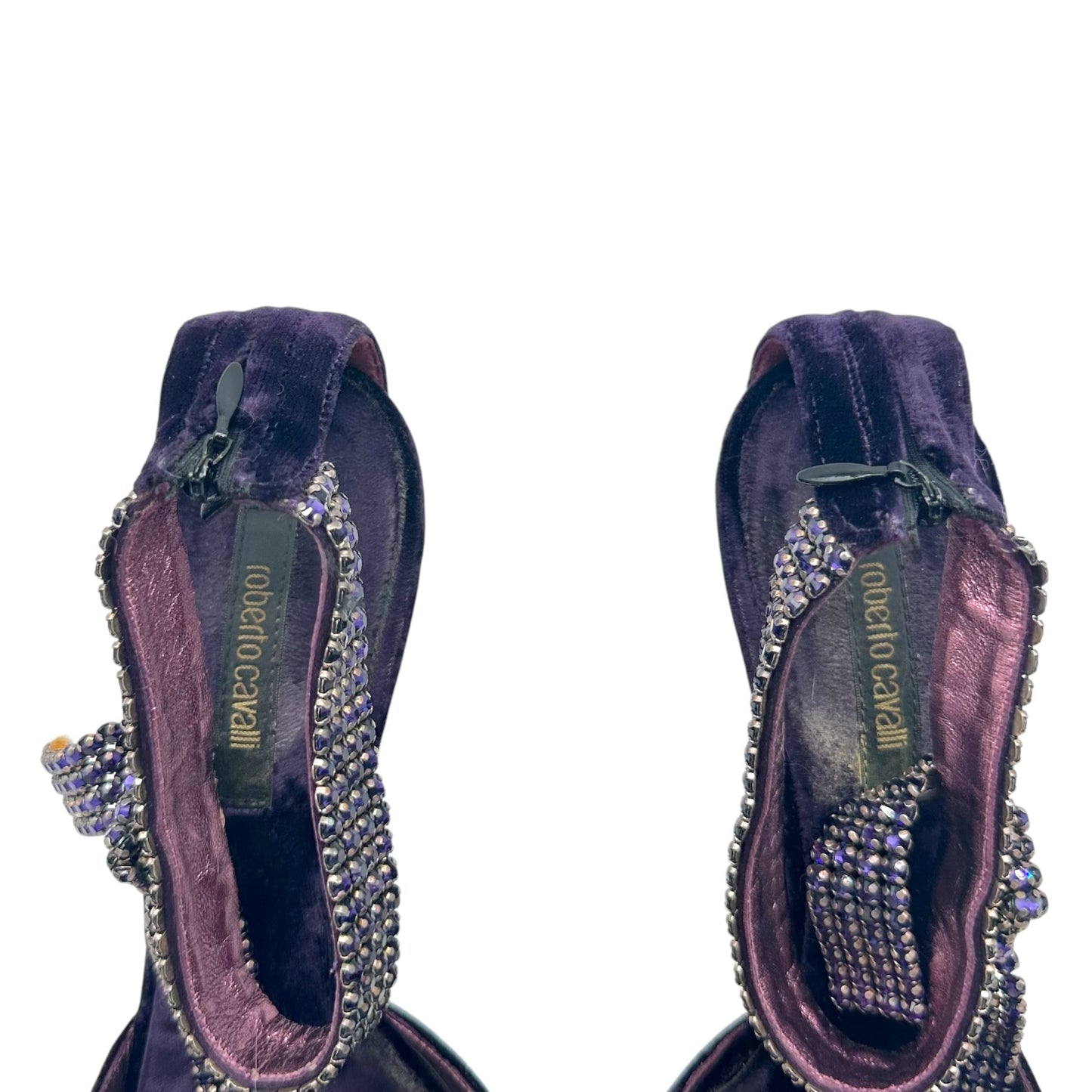Roberto Cavalli Purple Velvet & Crystal Ankle Strap Heeled Sandals