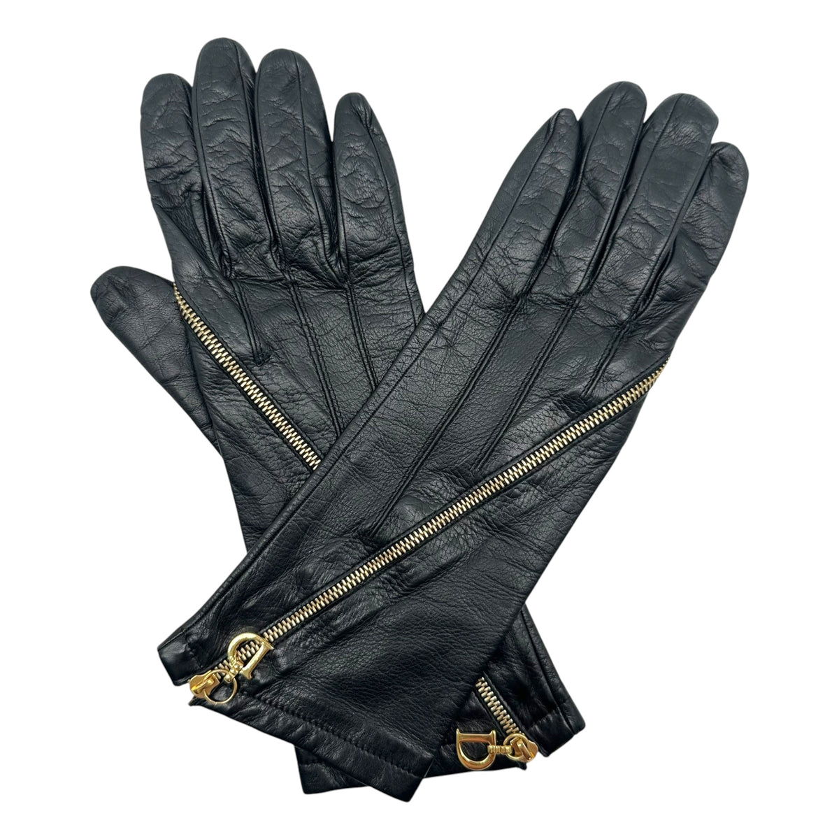 Christian Dior Black Lambskin Gloves with Gold Zipper