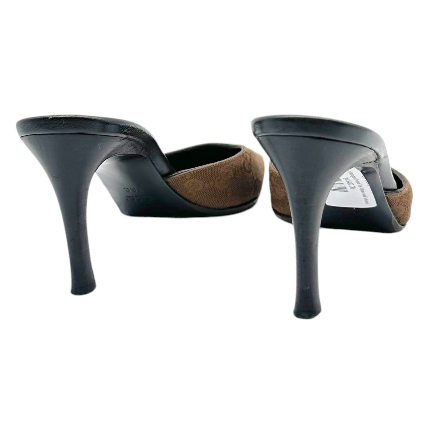 Gucci Tan Monogram Pointed Toe Kitten Heel Mules