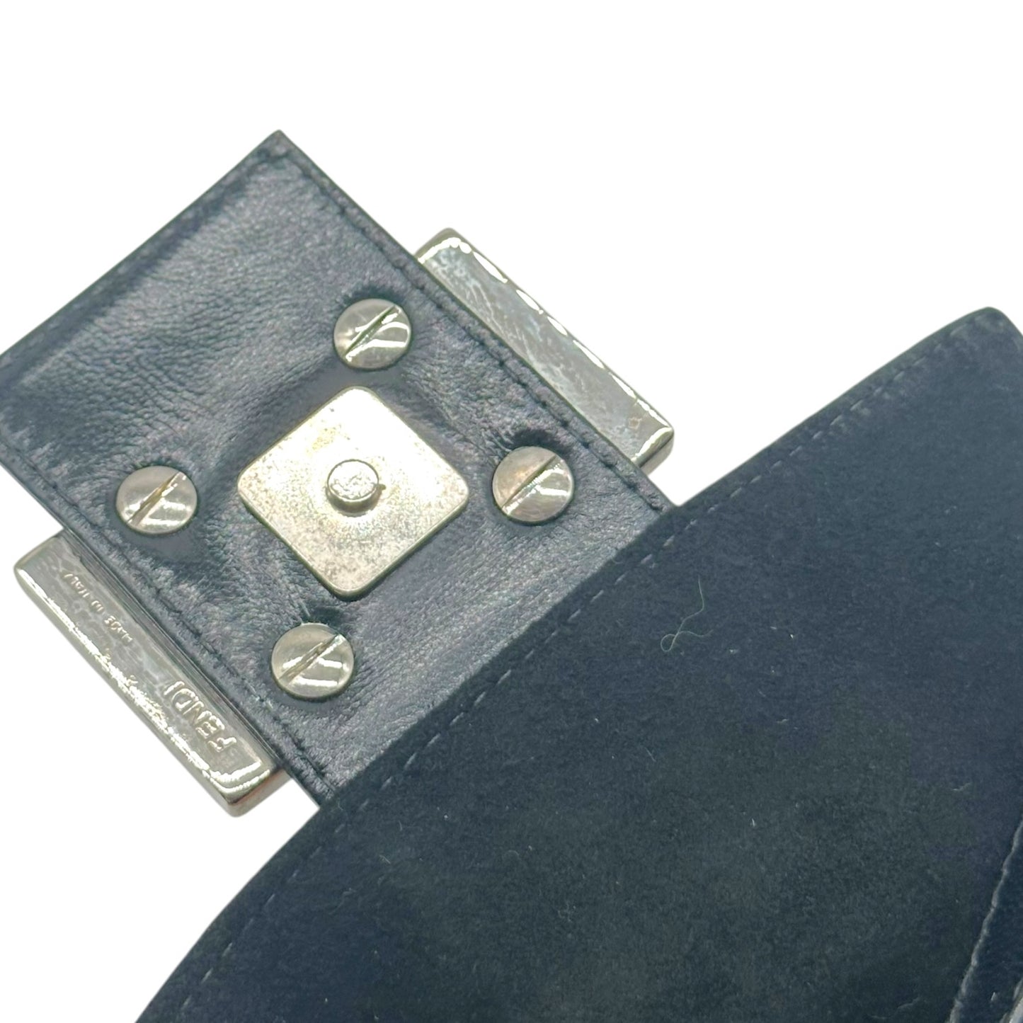 Fendi Black Suede Mini Baguette Bag with Red Buckle