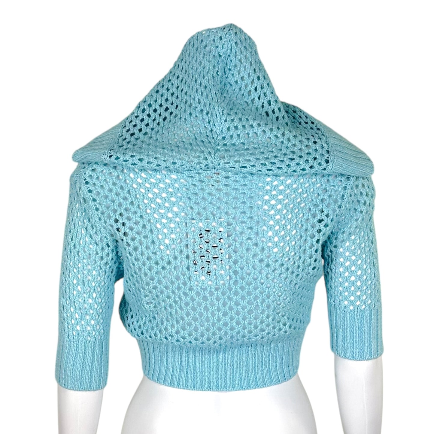 Courreges Teal Blue Open Knit Hooded 1/2 Sleeve Bolero