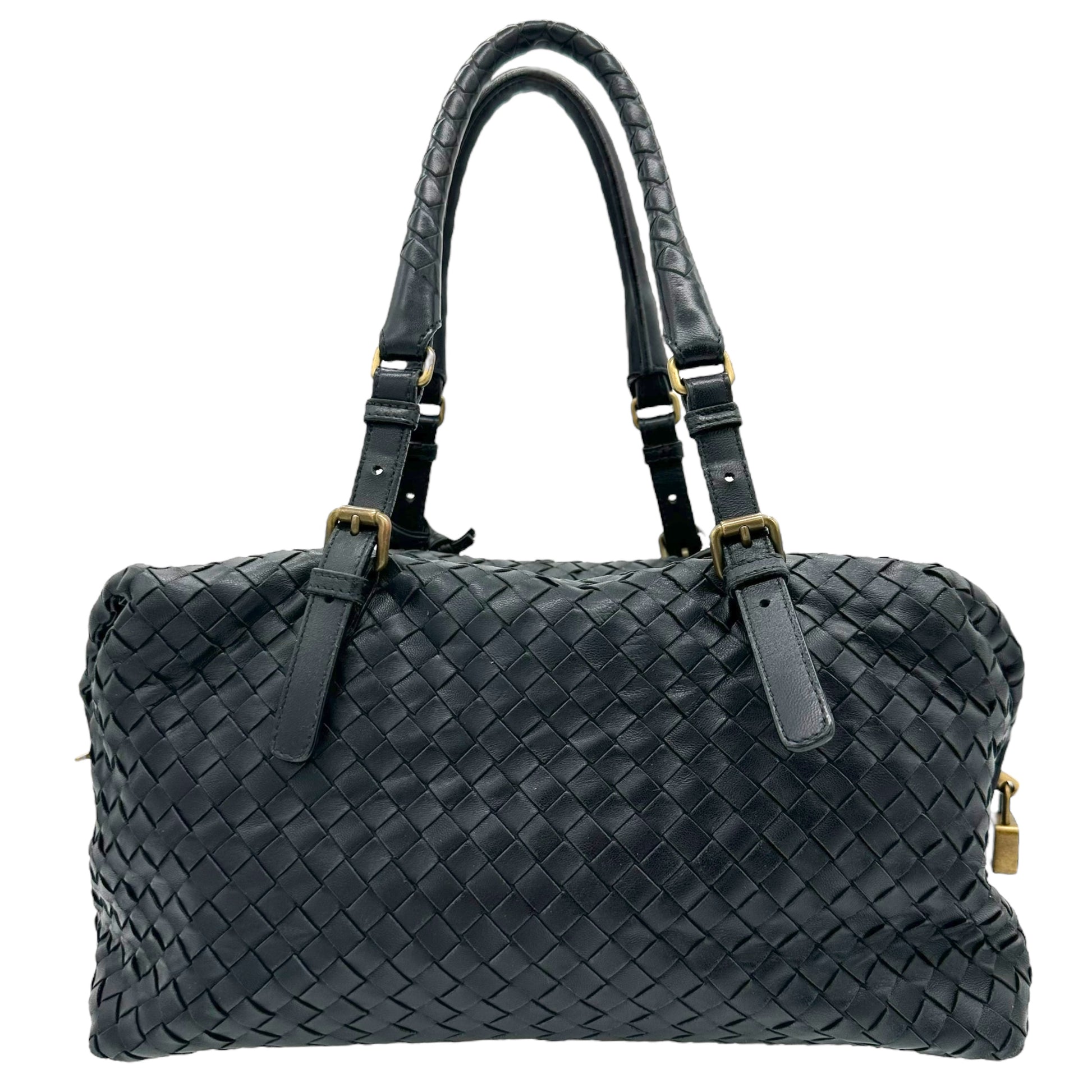 Bottega Veneta Black Leather Woven Boston Bag - Outfit Repeater
