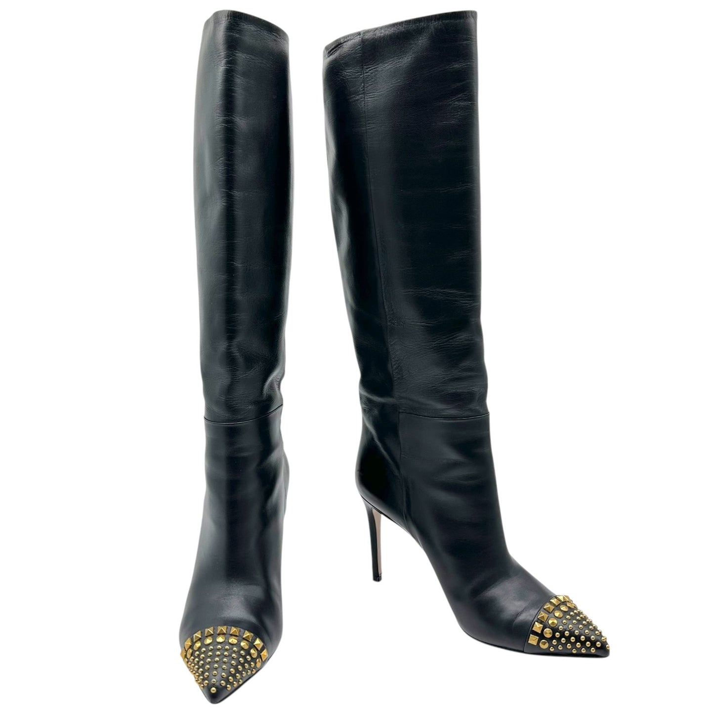 Gucci Black & Gold Studded Heeled Knee High Boots