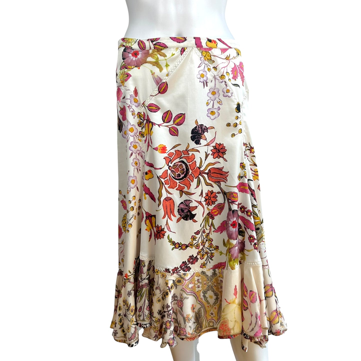 Just Cavalli Roberto Cavalli White Multicolor Floral Print Midi Skirt