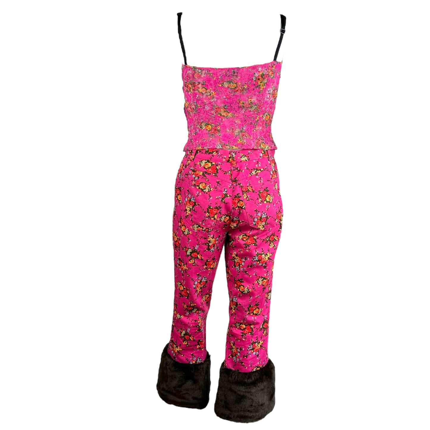 D&G Dolce & Gabbana Faux Fur Trim Floral Capri & Crop Top Set