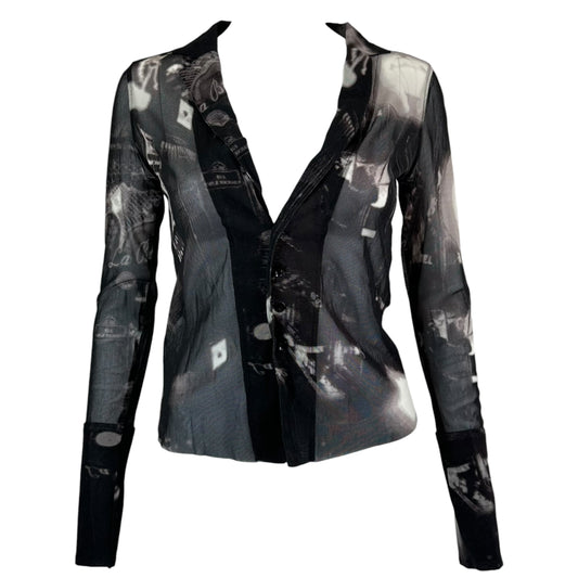 Jean Paul Gaultier Black & White Print Mesh Button Up Blouse