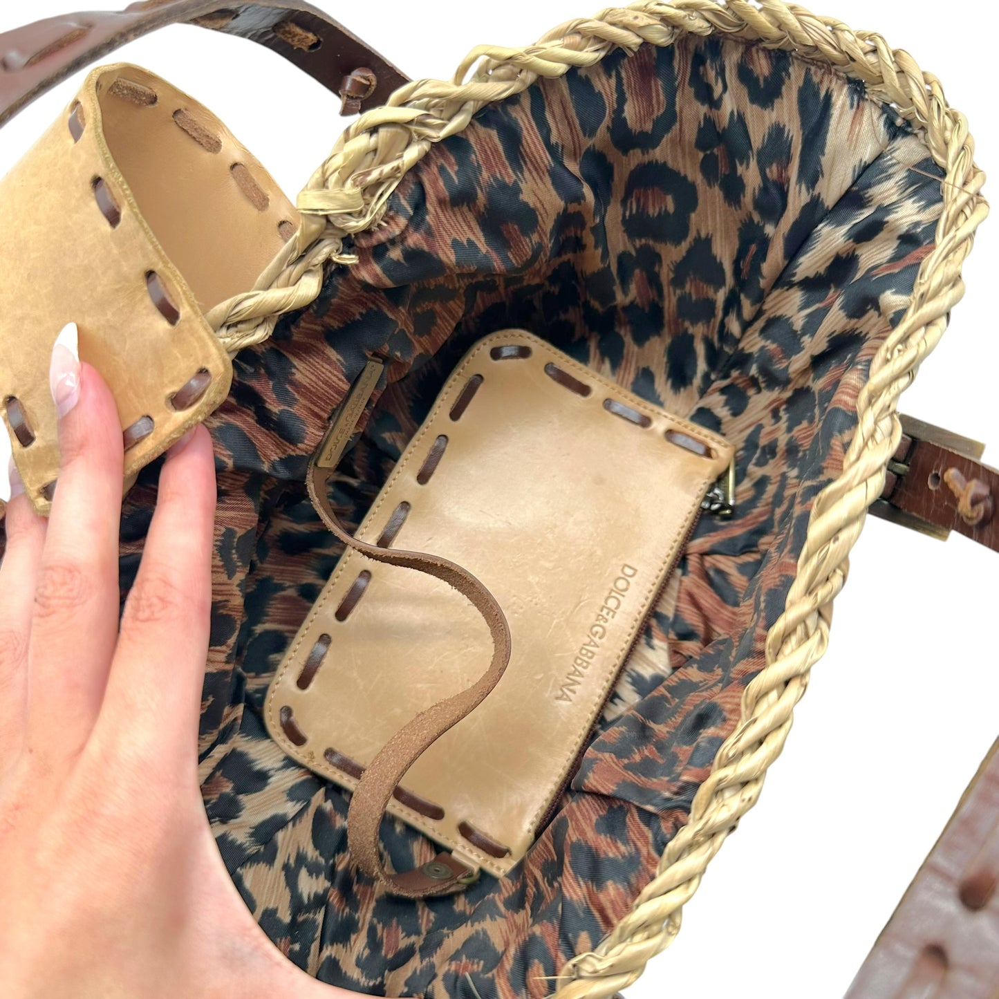 Dolce & Gabbana Raffia & Leather Feather Trim Mini Handbag