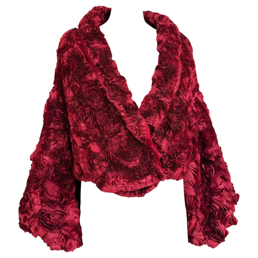 Blumarine Red Silk Puff Sleeve Coat with Rose Patchwork