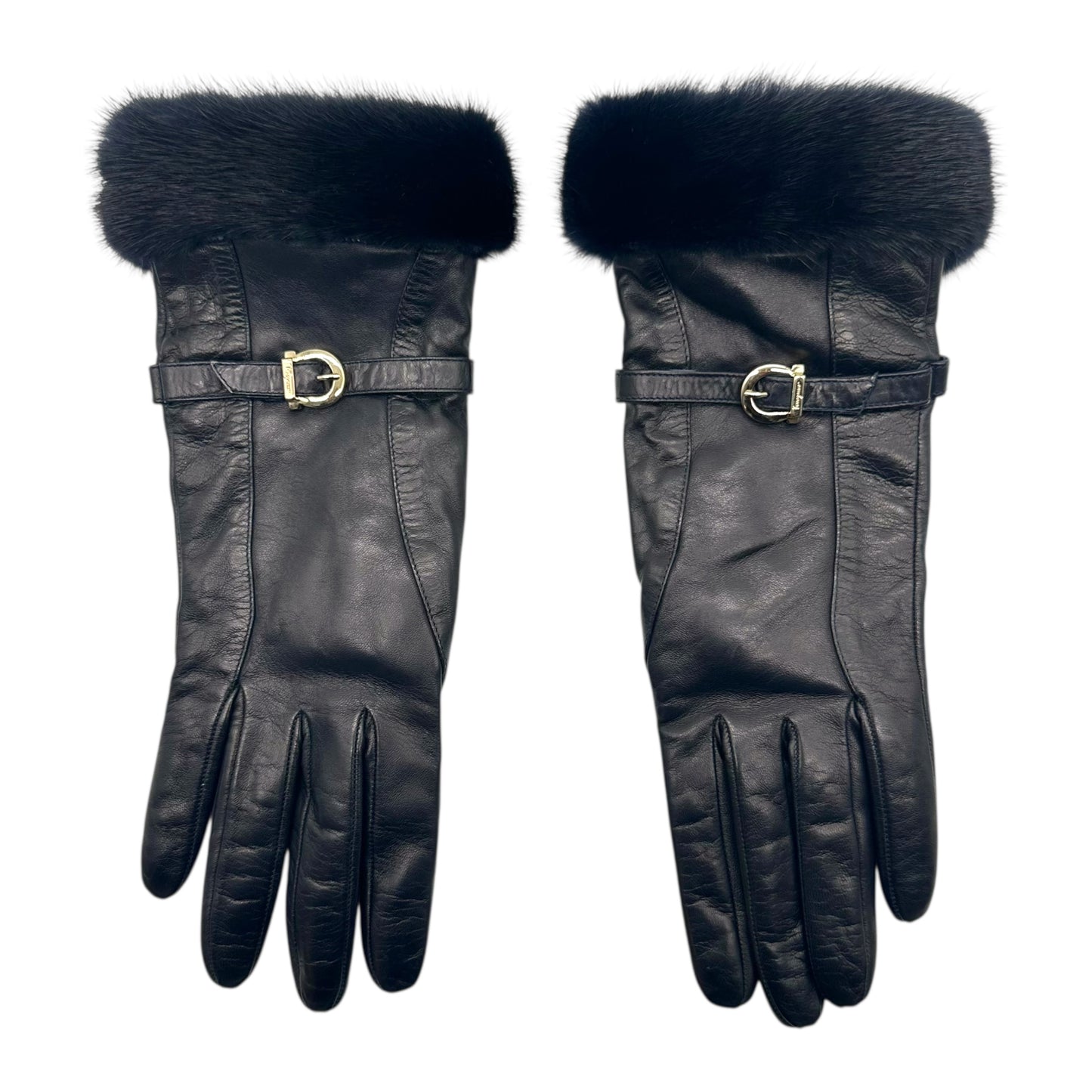 Salvatore Ferragamo Black Leather & Mink Gloves