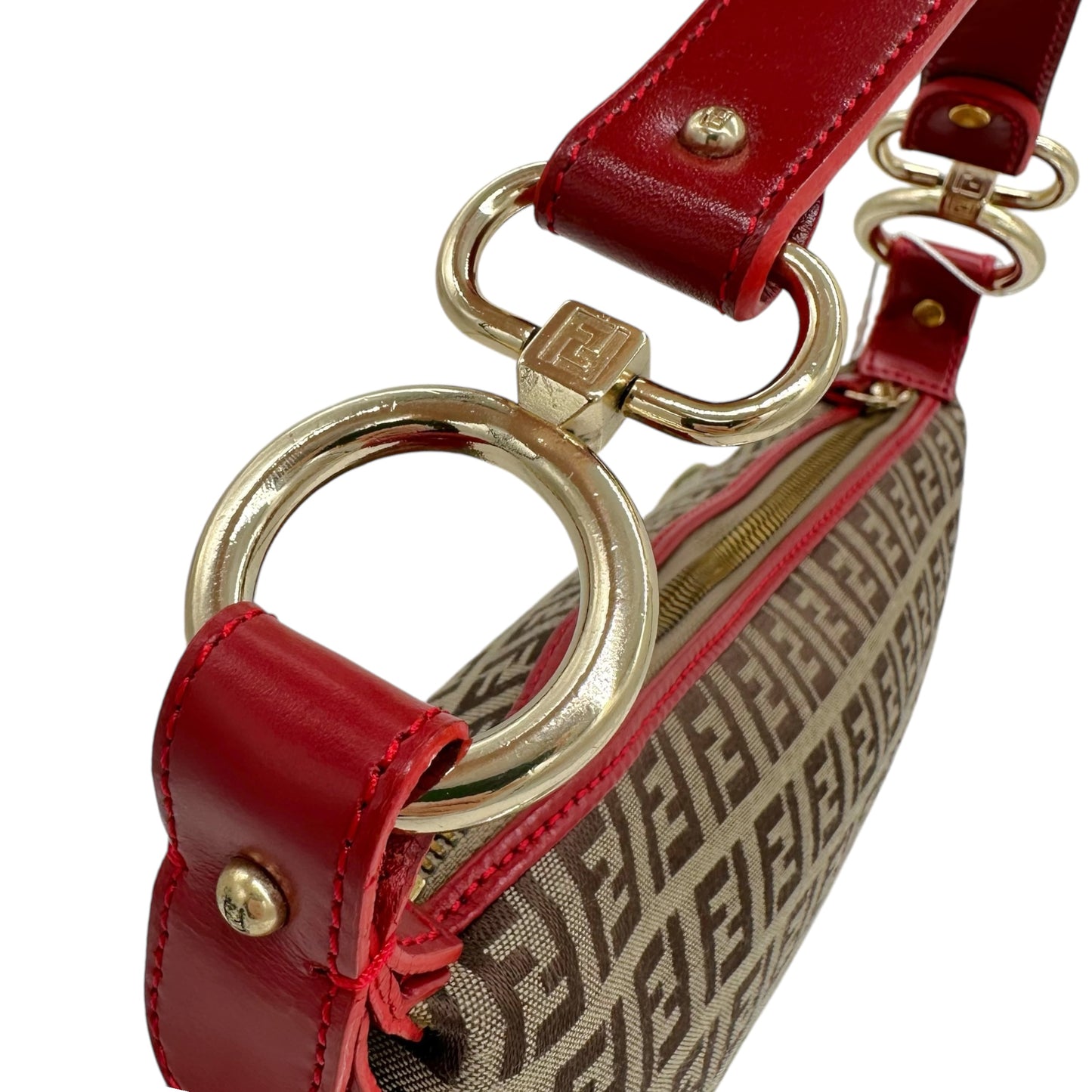 Fendi Red Leather Trim Zucchino Monogram Bag