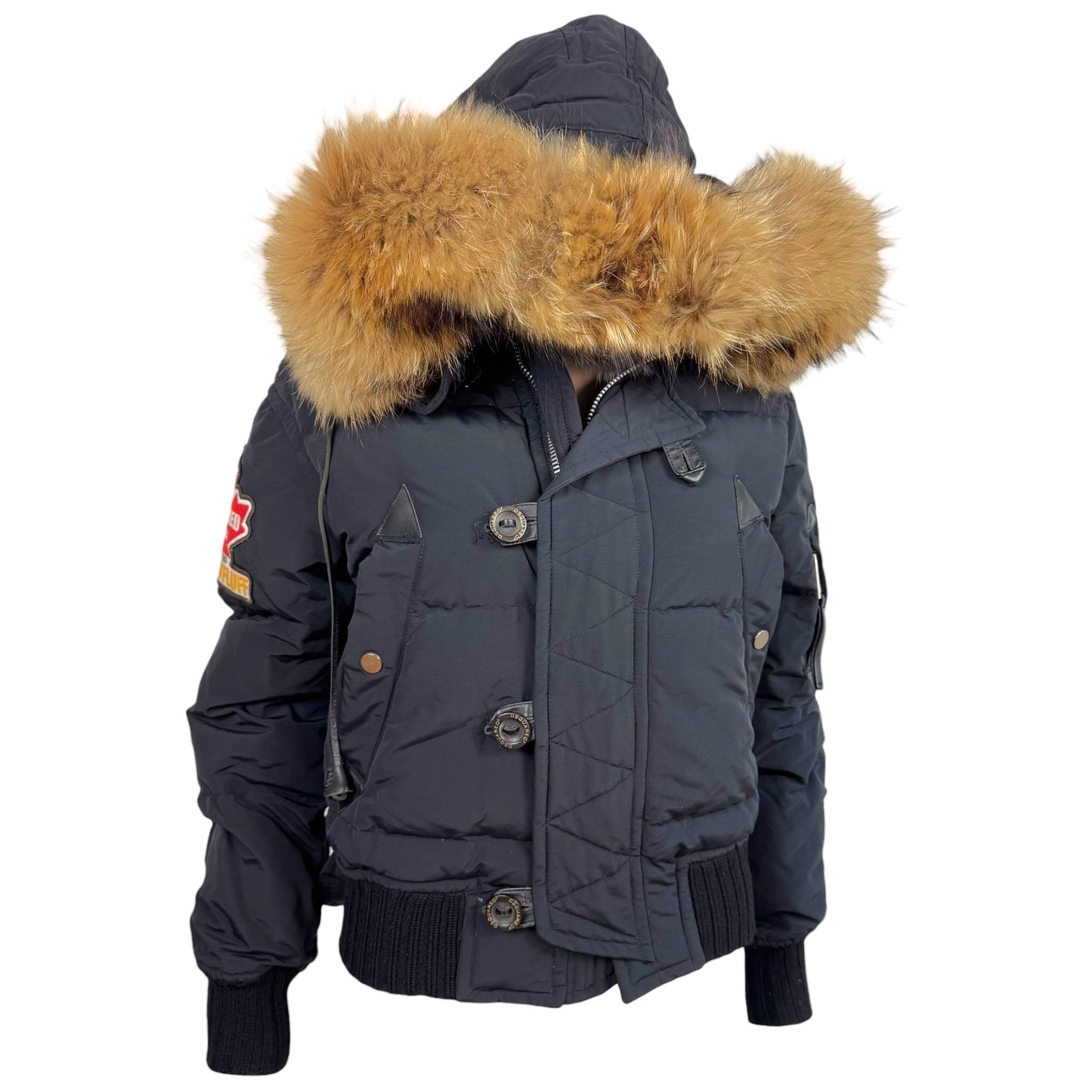 Dsquared2 Black Fox Fur Trim Hood Logo Patch Down Fill Puffer Coat
