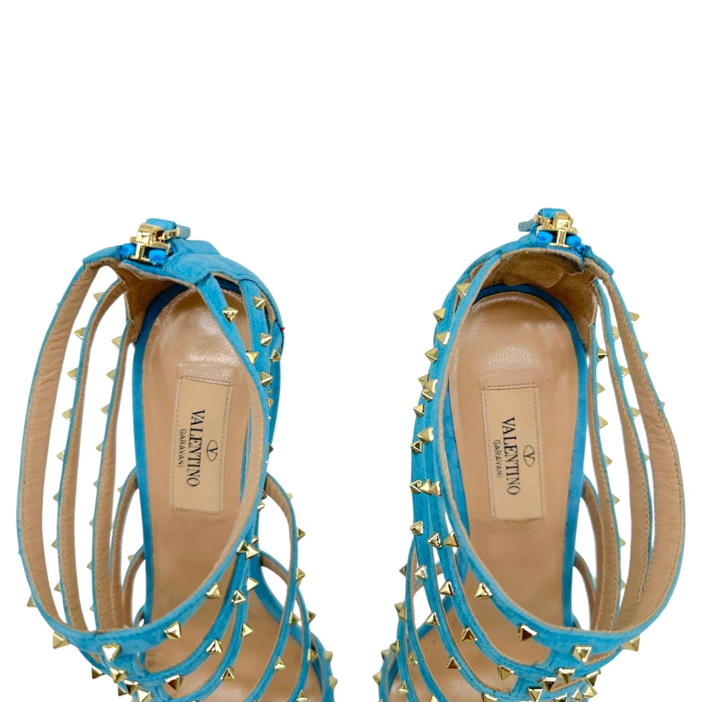 Valentino Turquoise Suede & Gold Rockstud Gladiator Heels
