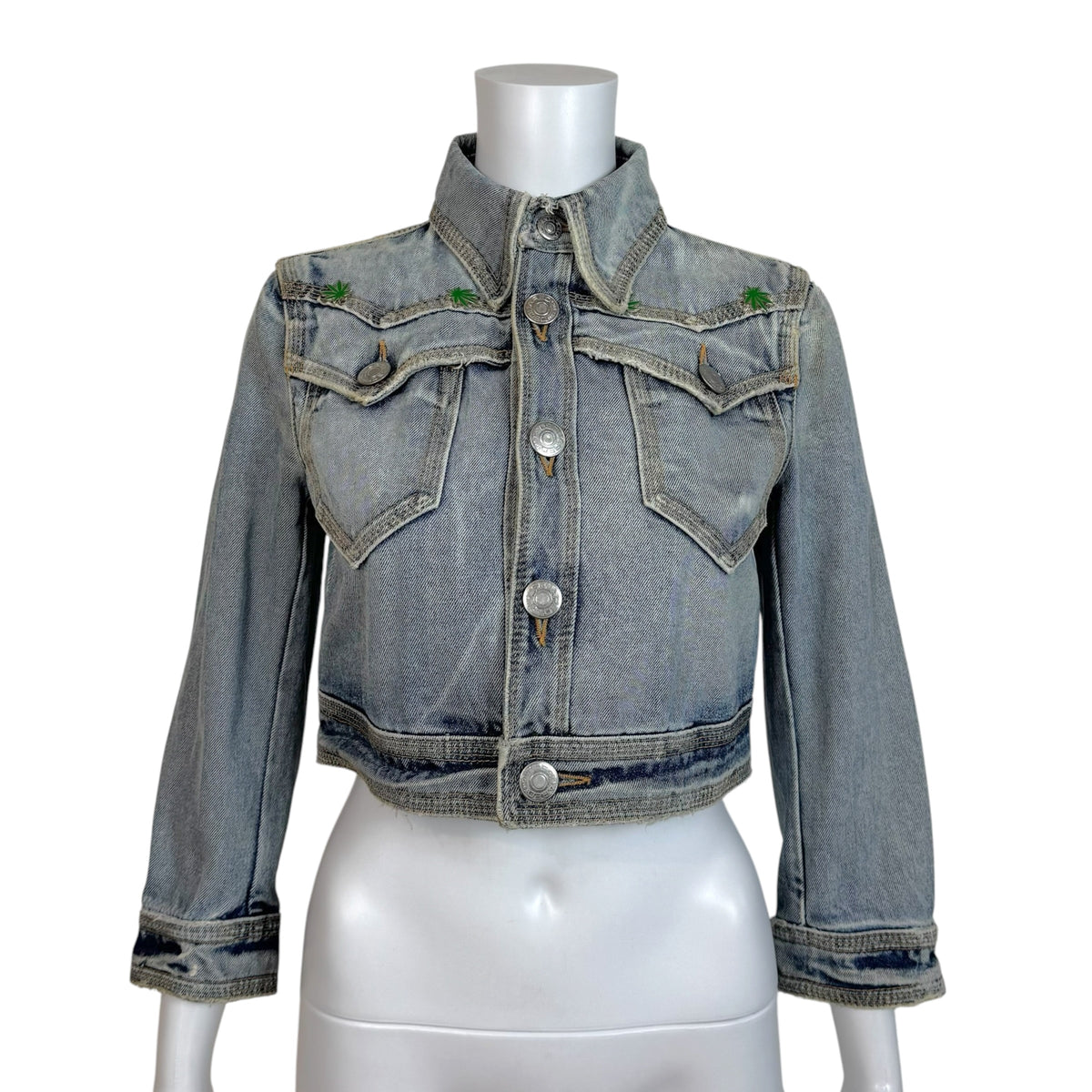 Dsquared2 Marijuana Charm Distressed Denim 3/4 Sleeve Crop Jacket