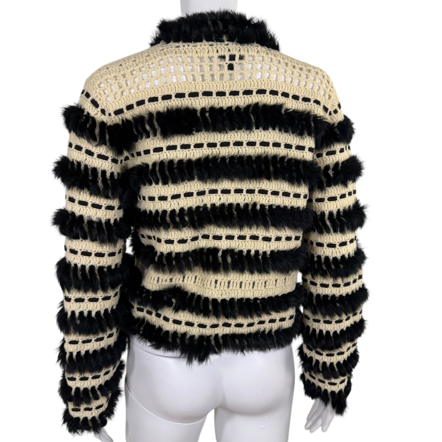 Just Cavalli Roberto Cavalli Black Rabbit Fur & Ivory Knit Cardigan