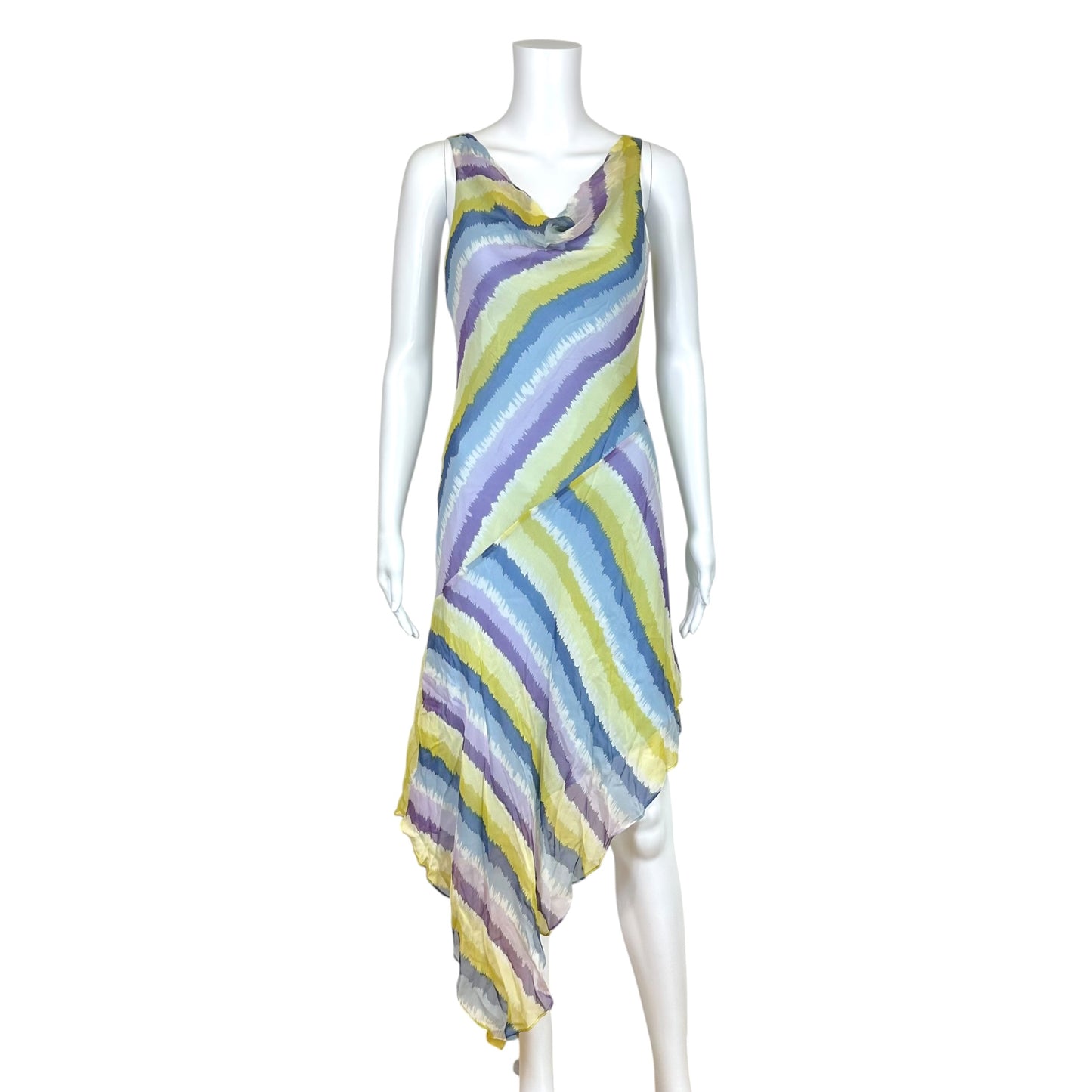 BCBGMaxAzria Blue Green & Purple Striped Bias Cut Silk Maxi Dress
