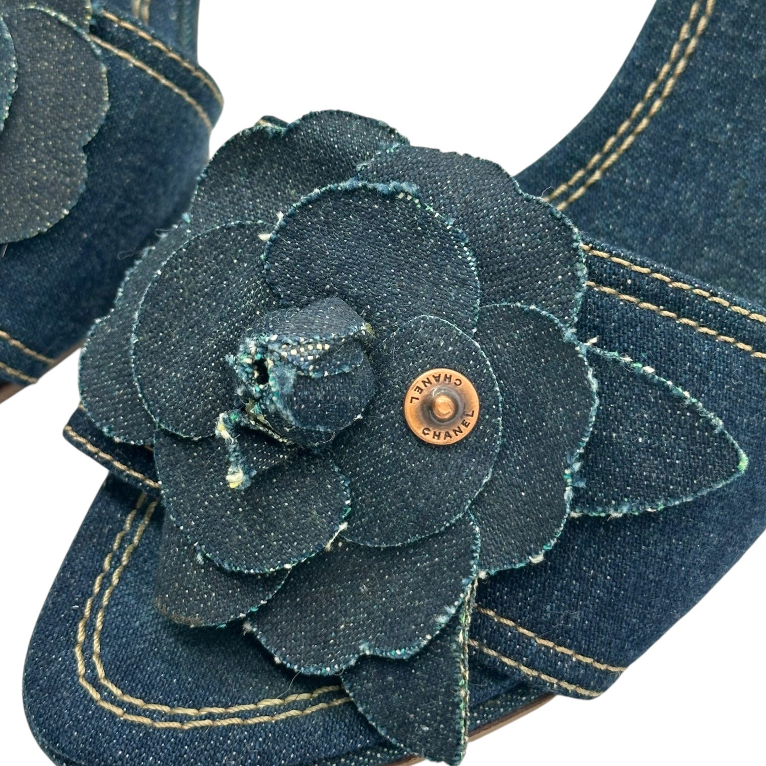 Chanel Denim Camellia Flower Mule Heels - Outfit Repeater
