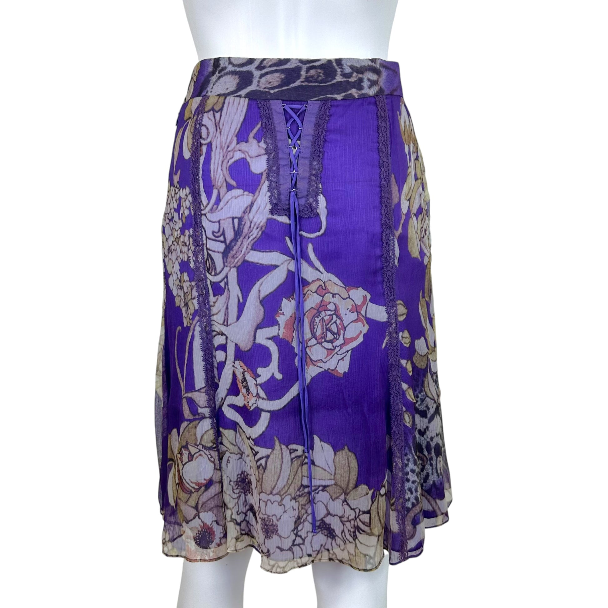 Roberto Cavalli Silk Midi Skirt Purple Floral Leopard Print