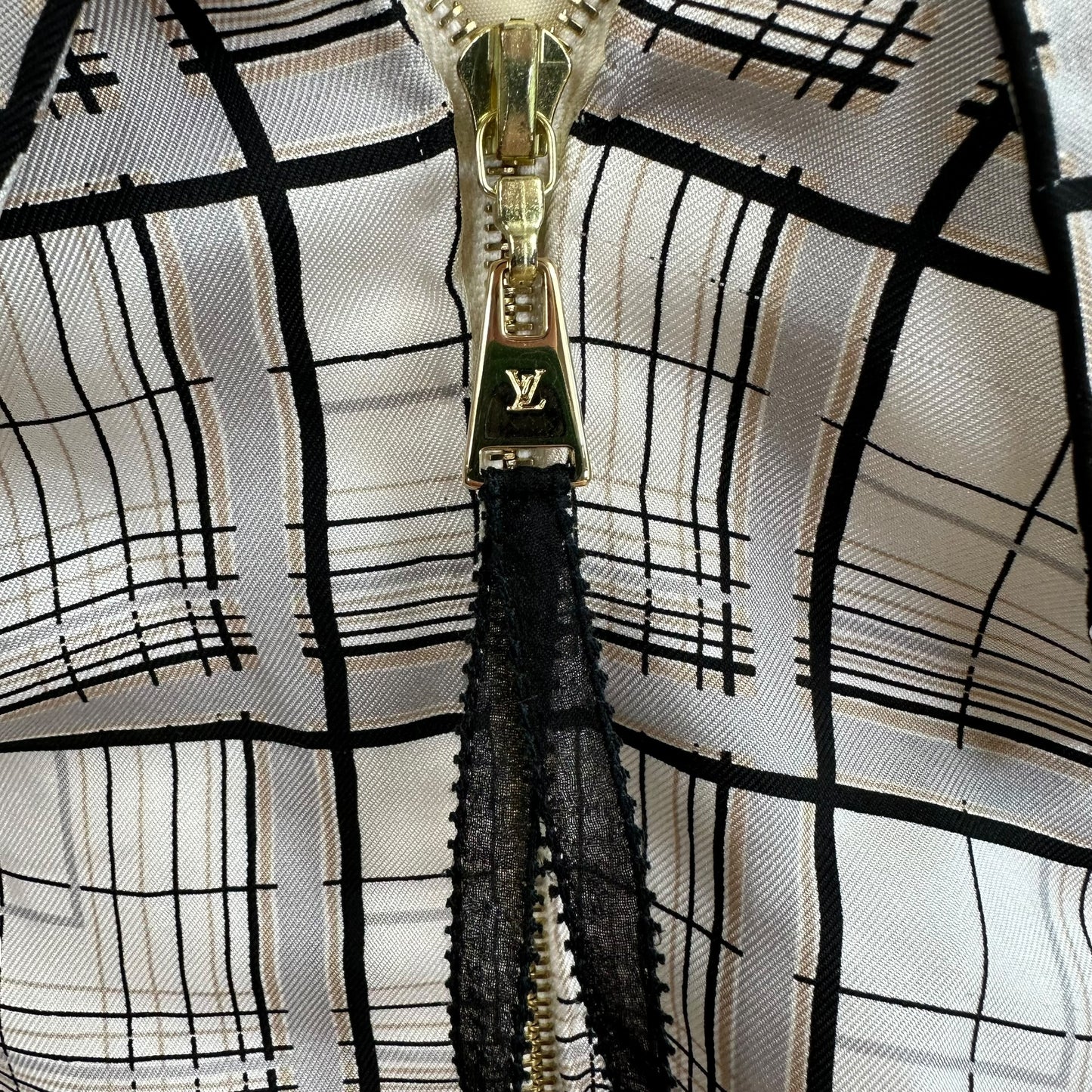 Louis Vuitton Plaid Print Silk Bustier Blouse w/ Gold Logo Charm Chain Strap