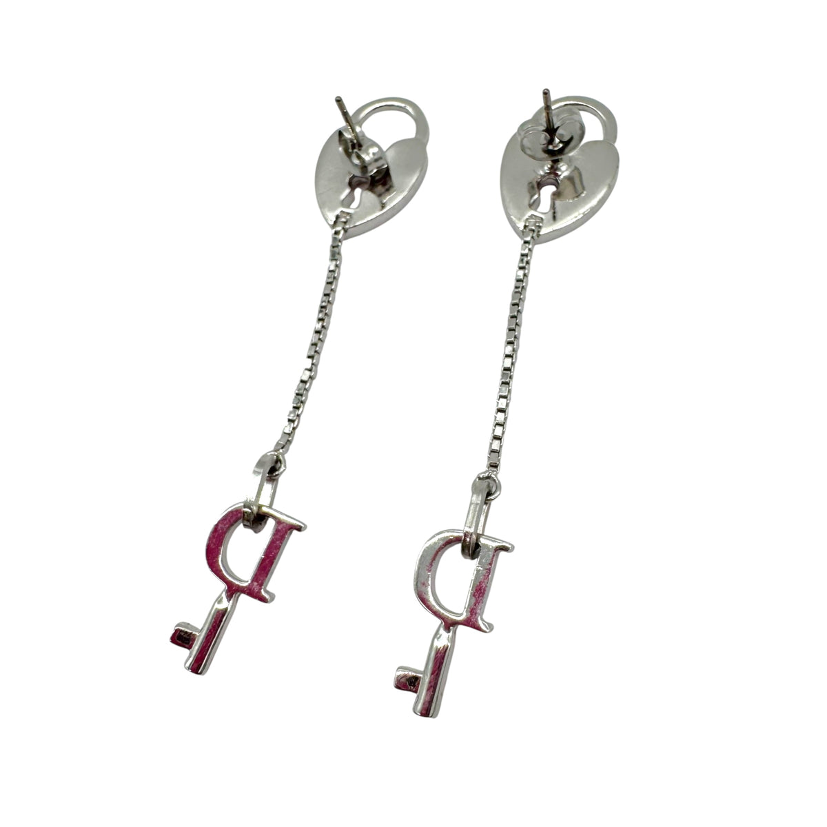 Christian Dior Silver Heart Lock Dangly Earrings