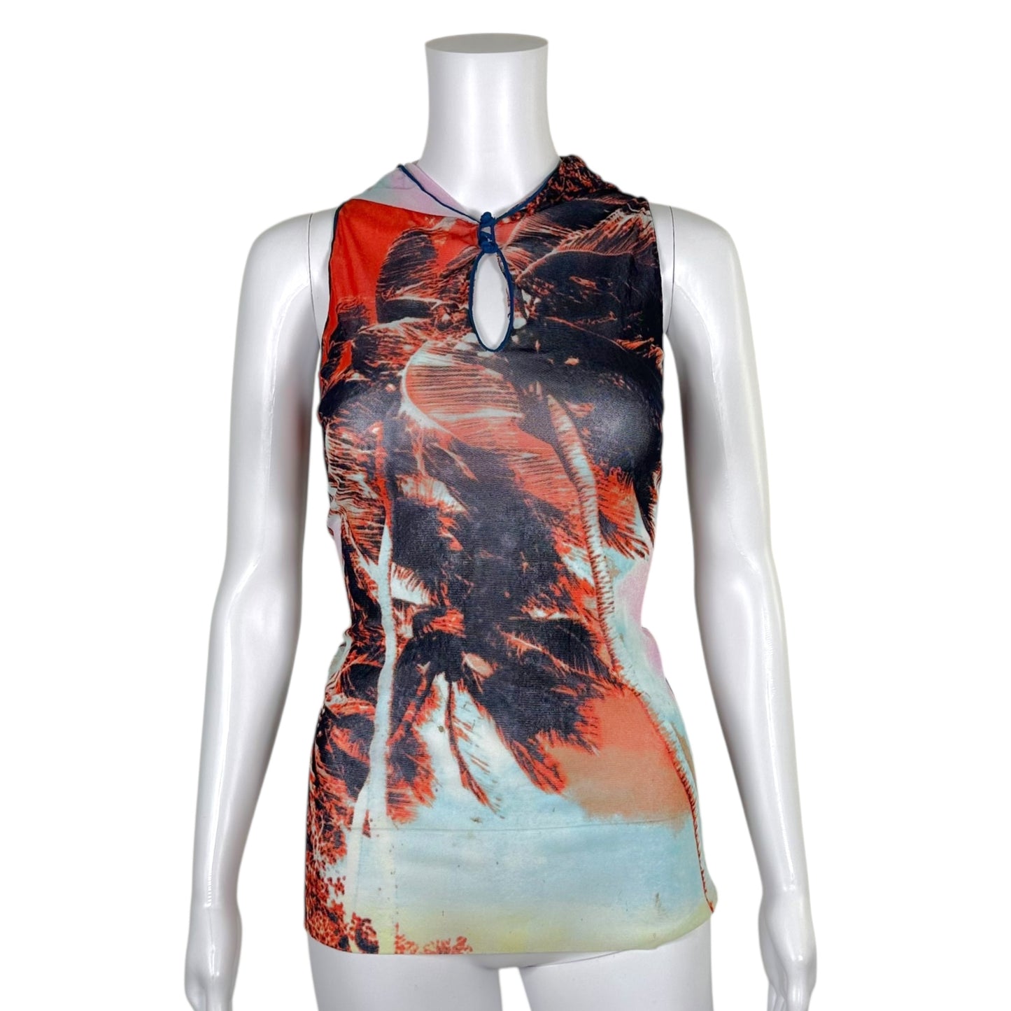 Jean Paul Gaultier 1998 Soleil Palm Tree Print Hooded Mesh Tank