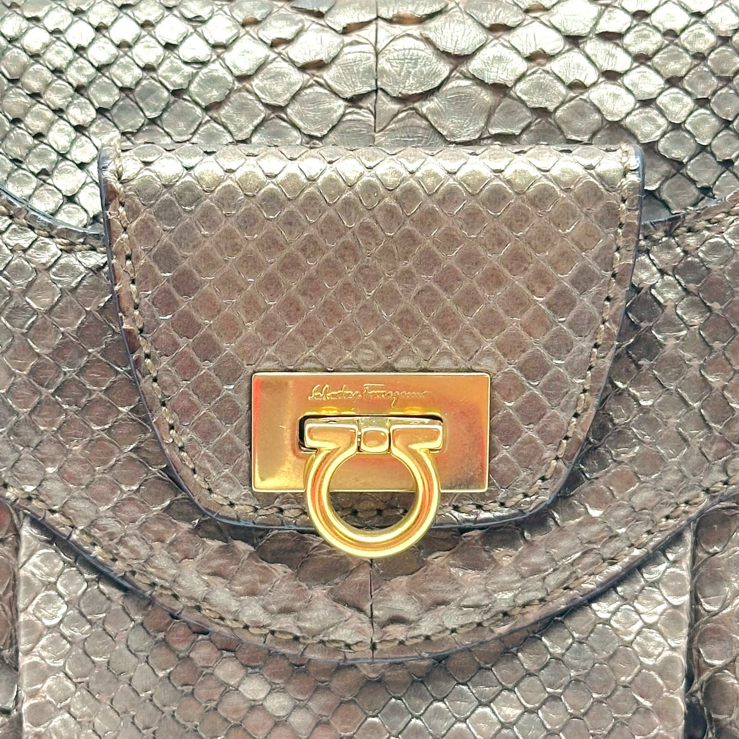 Salvatore Ferragamo Metallic Brown Python Shoulder Tote Bag