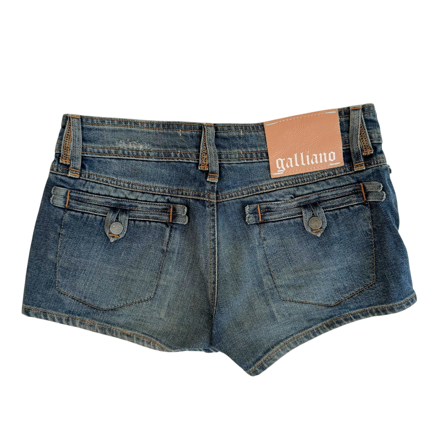 Galliano Gazette Print Pocket Dark Wash Denim Mini Shorts