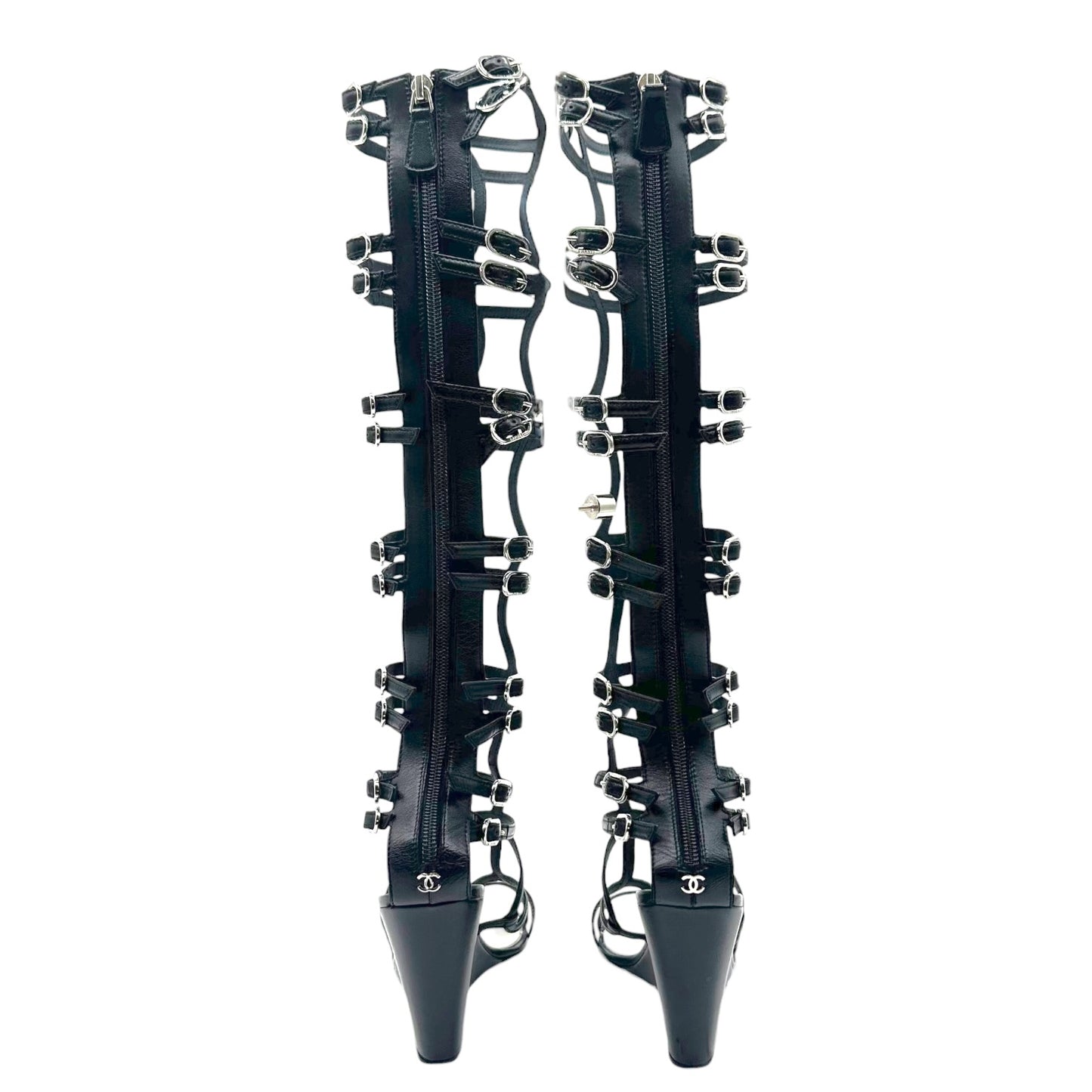 Chanel Black Leather Knee High Gladiator Wedge Sandals