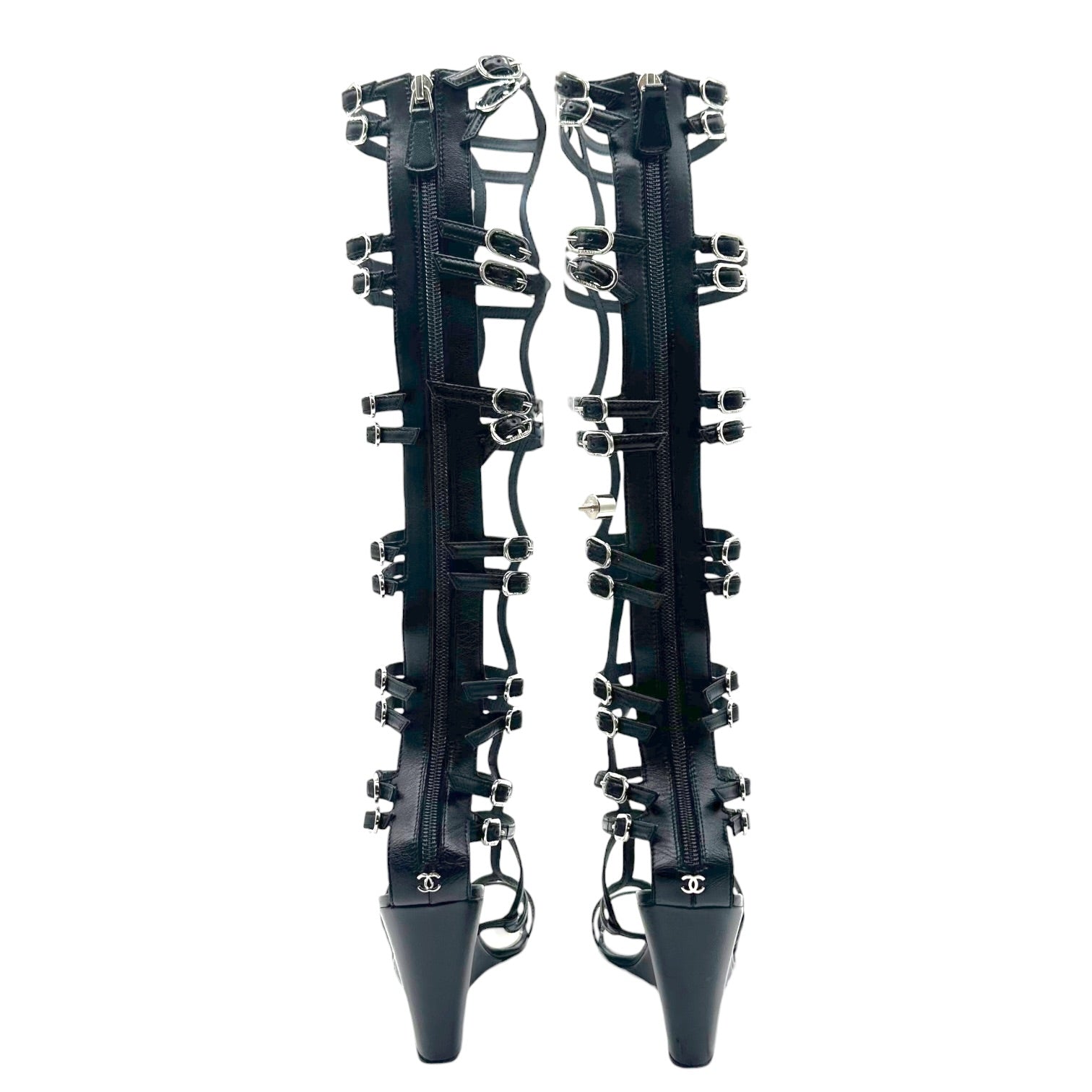 Chanel Black Leather Knee High Gladiator Wedge Sandals