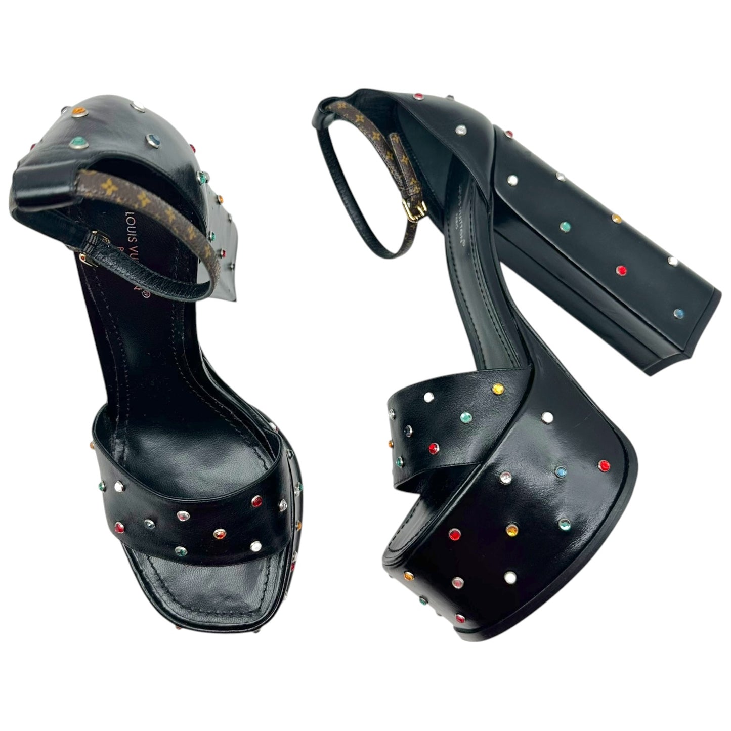 Louis Vuitton 2023 Multicolor Rhinestone Studded Black Leather Platform Sandals
