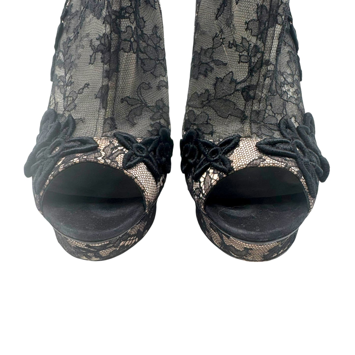 Louis Vuitton Lace Heeled Peep-Toe Platform Pumps