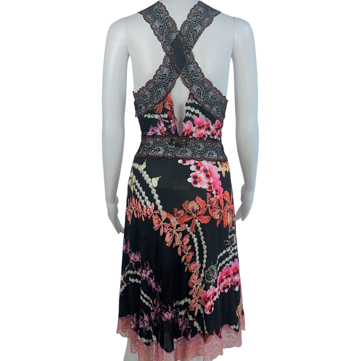 Just Cavalli Black Multicolor Floral Lace Trim Midi Dress