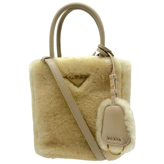Prada Ivory Shearling 2-Way Mini Tote Bag