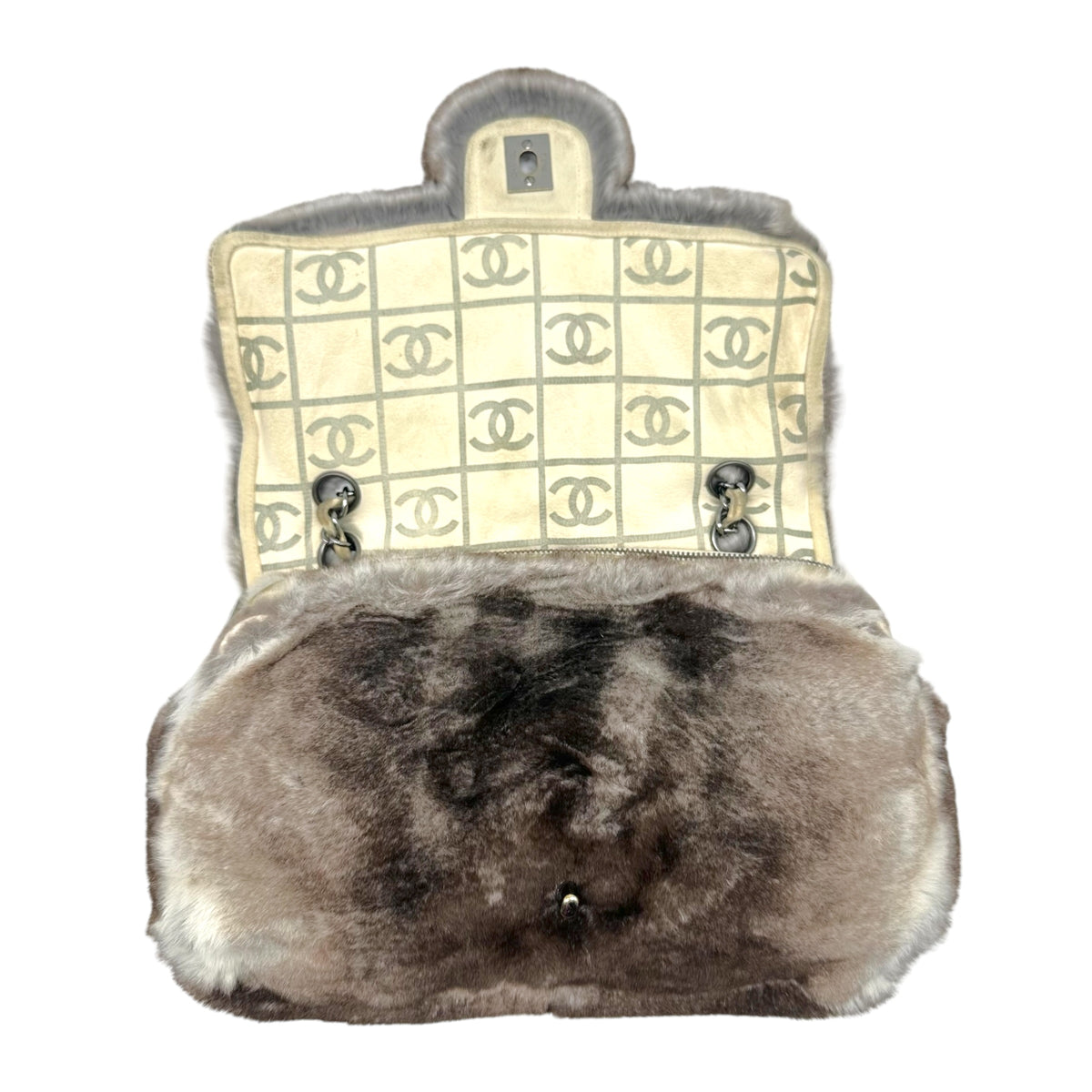 Chanel Small Flap Shoulder Bag Brown Gray Rabbit Fur