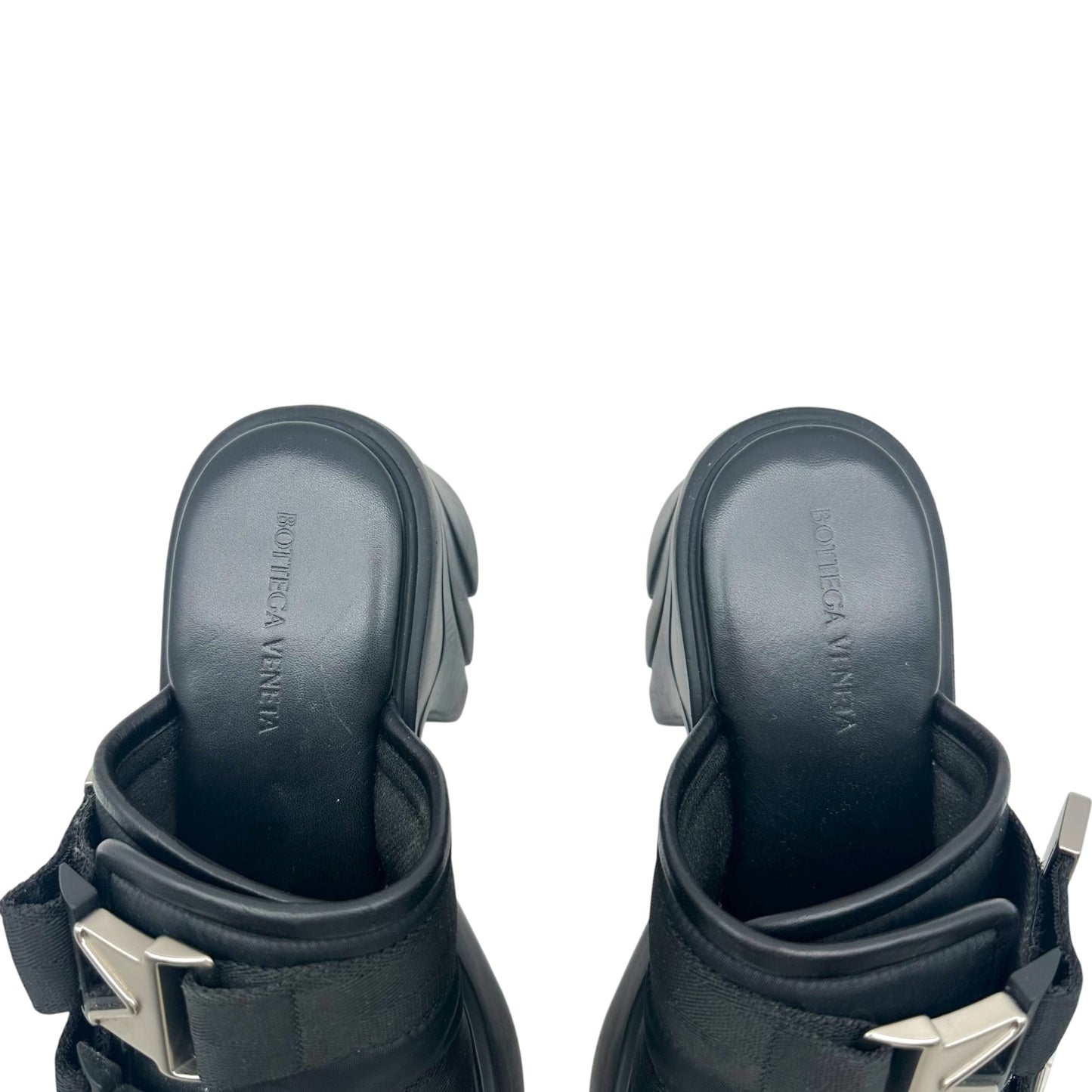 Bottega Veneta Black Silver Platform Heeled Slide Sandals
