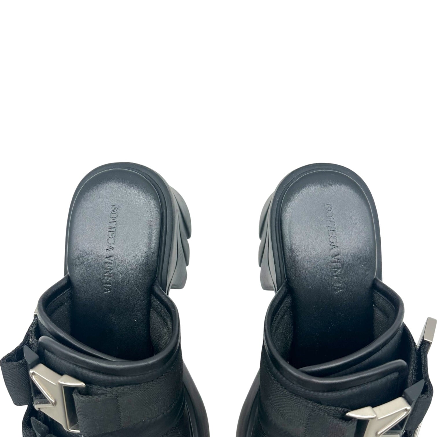 Bottega Veneta Black Silver Platform Heeled Slide Sandals