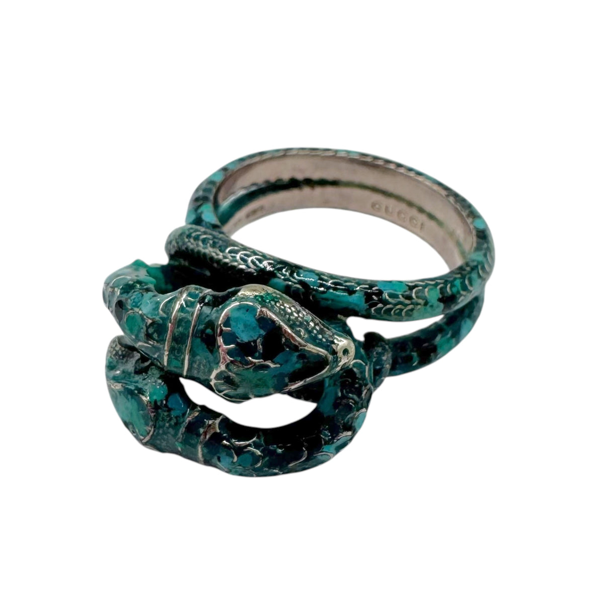 Gucci Turquoise Silver Snake Cocktail Ring Size 7.5